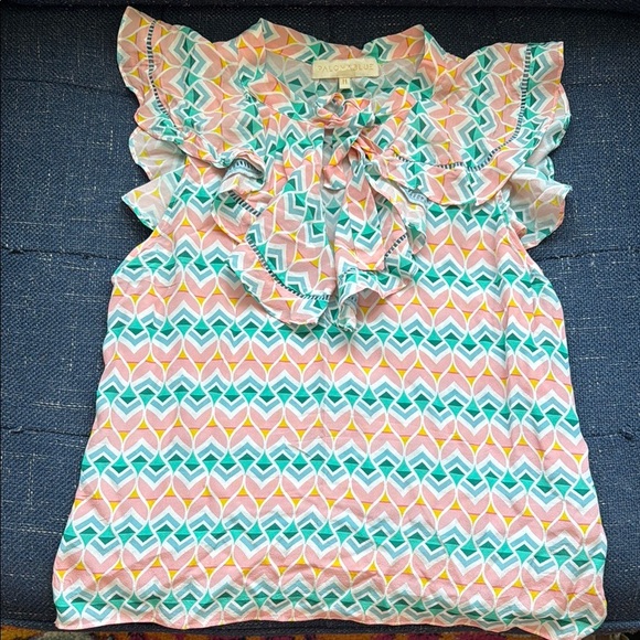 Paloma Blue (Anthropology) Colorful Geometric Ruffle Blouse - Picture 1 of 4